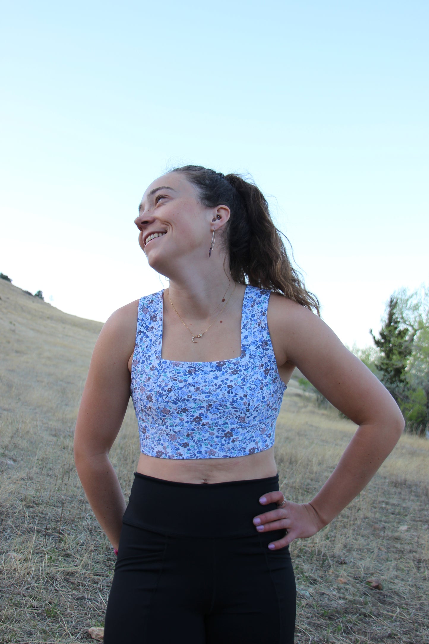 Square Neck Sports Bra - Mini Blue Floral