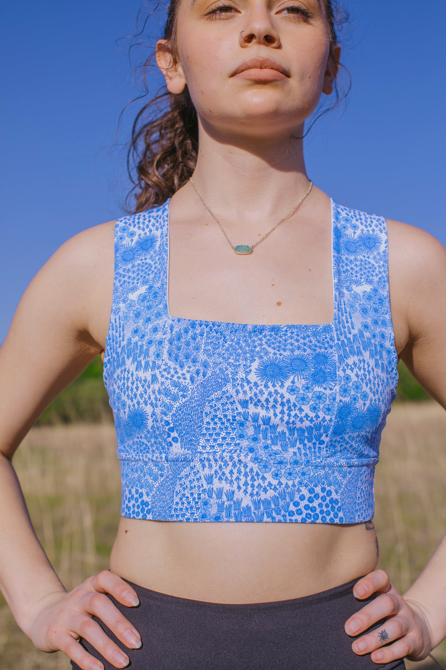 Square Neck Sports Bra - Blue Floral