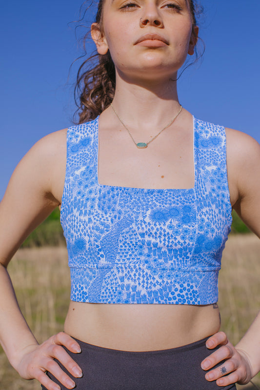 Square Neck Sports Bra - Blue Floral
