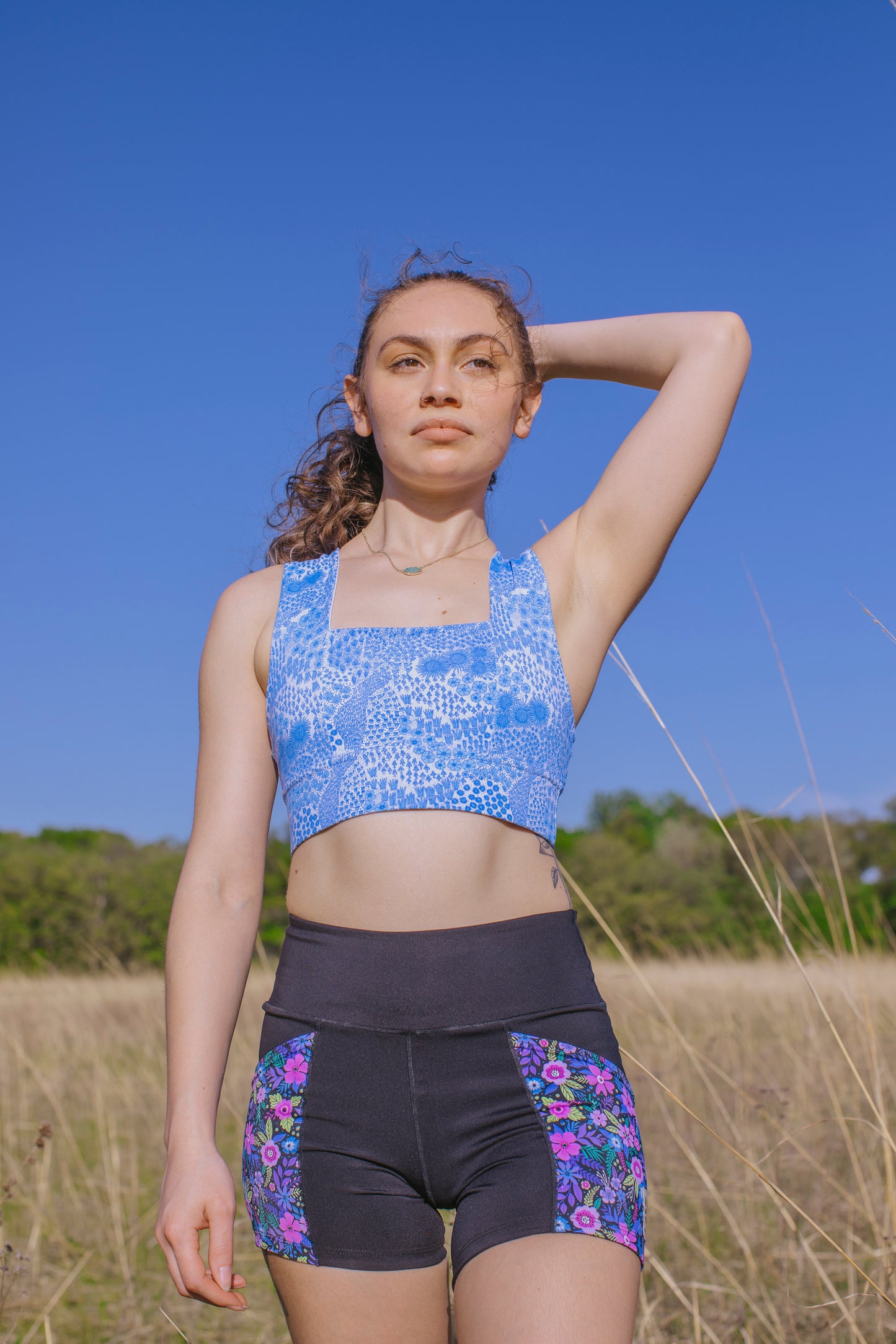 Square Neck Sports Bra - Blue Floral