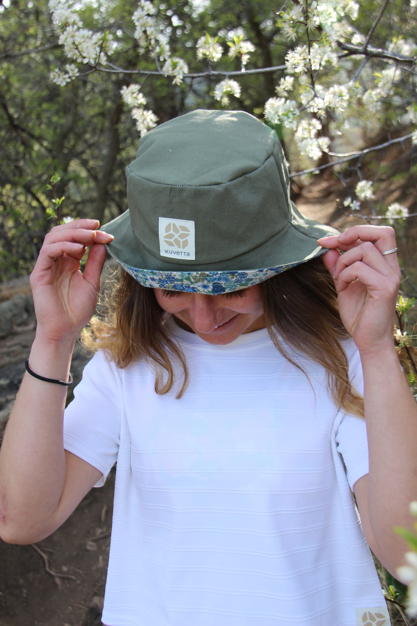 Bucket Hat:  Olive Green + Blue Floral
