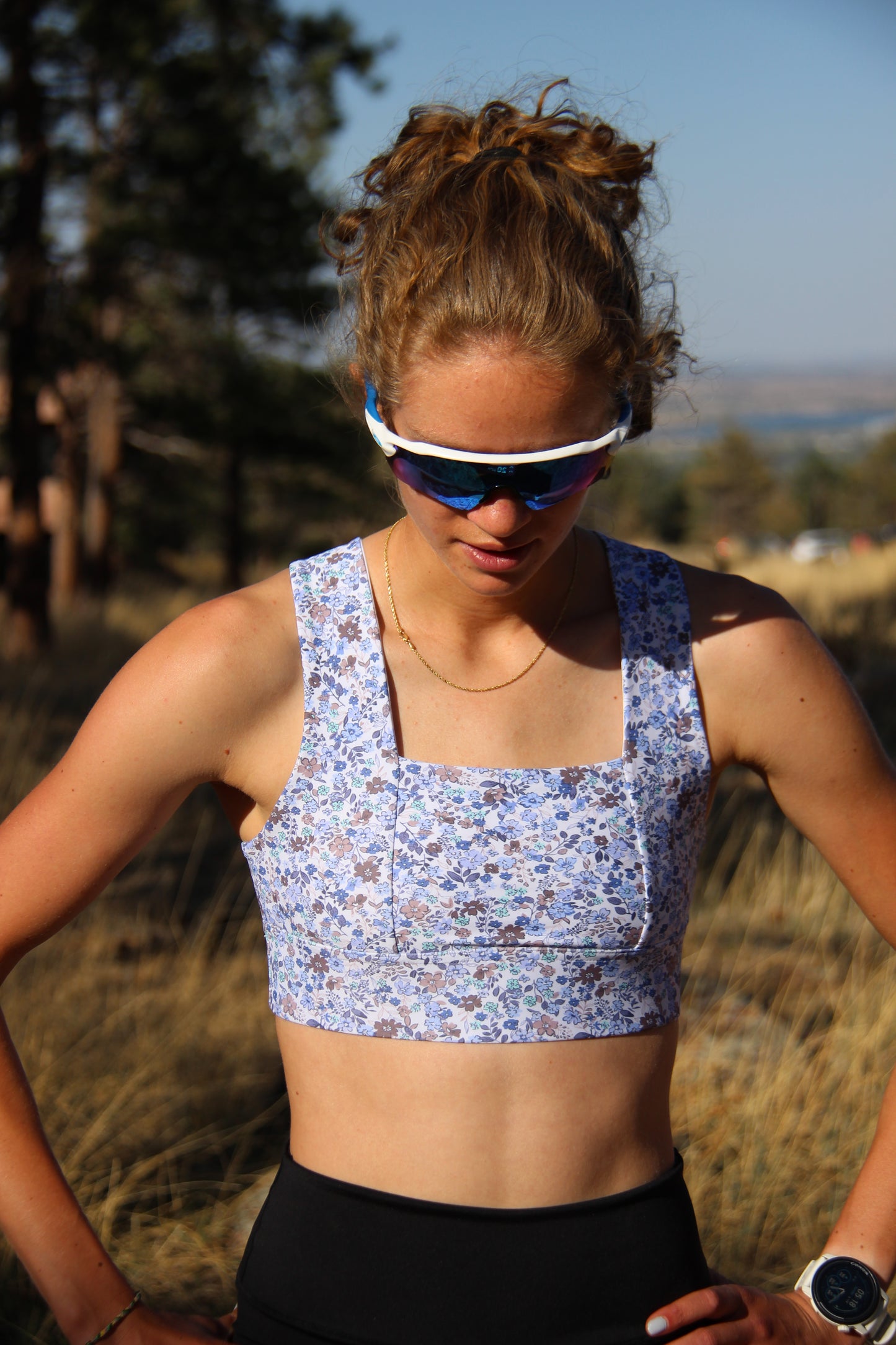 Square Neck Sports Bra -  Mini Blue Floral