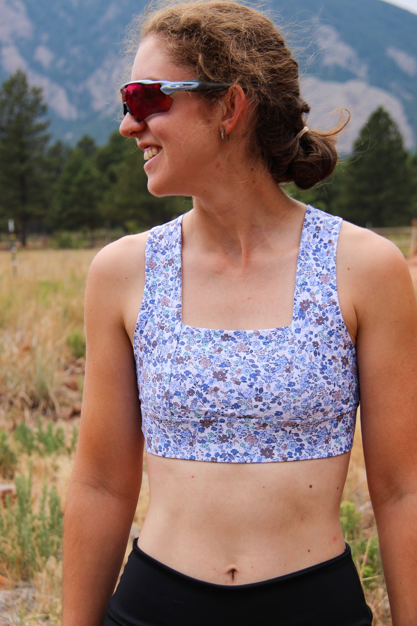 Square Neck Sports Bra -  Mini Blue Floral