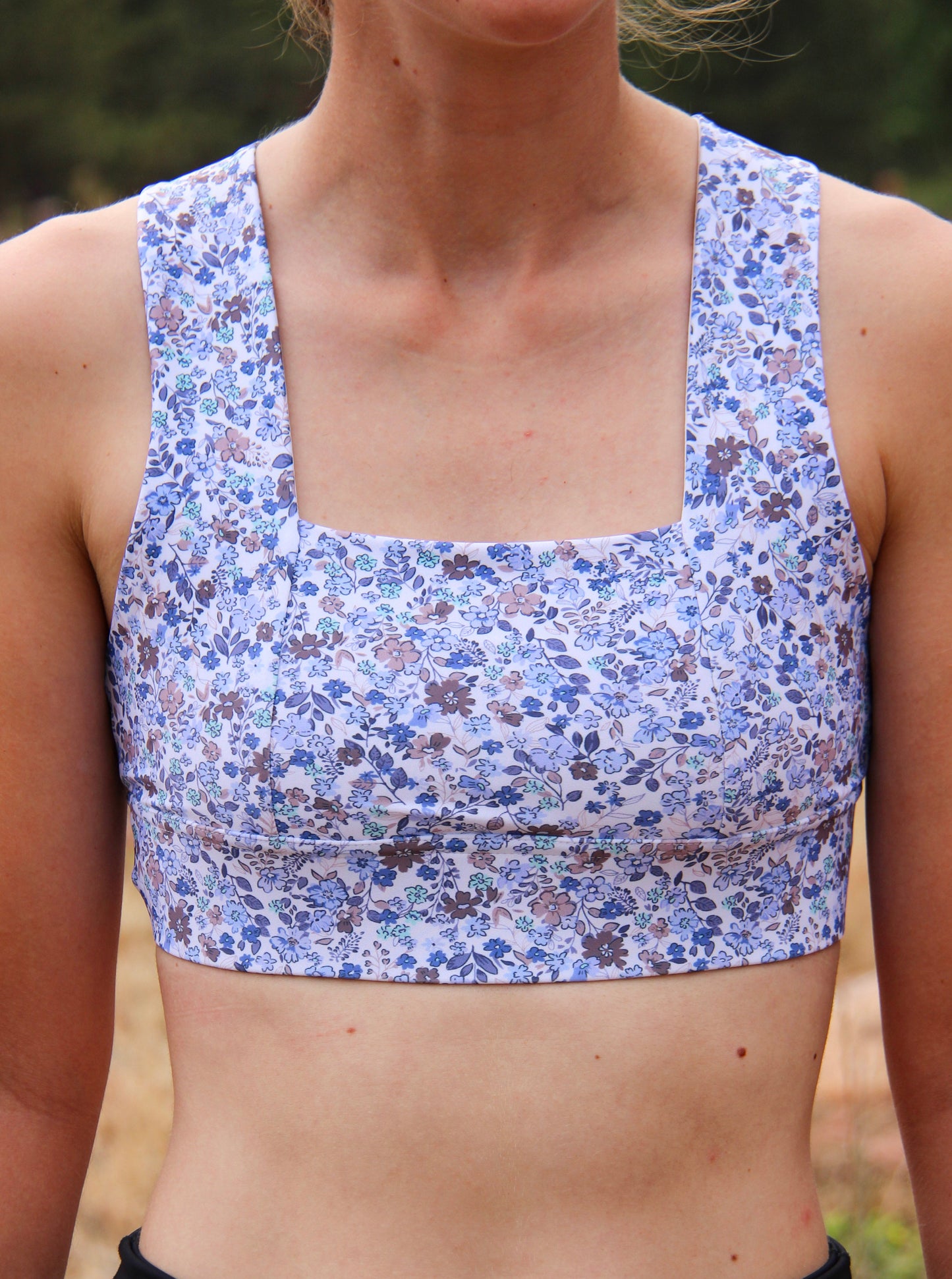 Square Neck Sports Bra -  Mini Blue Floral