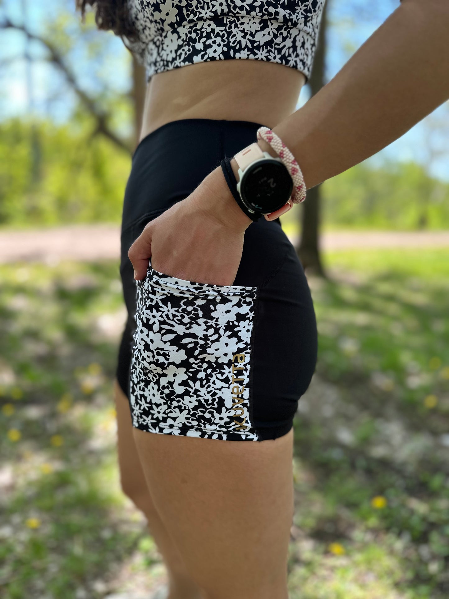 Stay Put Shorts - Black & White Floral Patterned Pockets