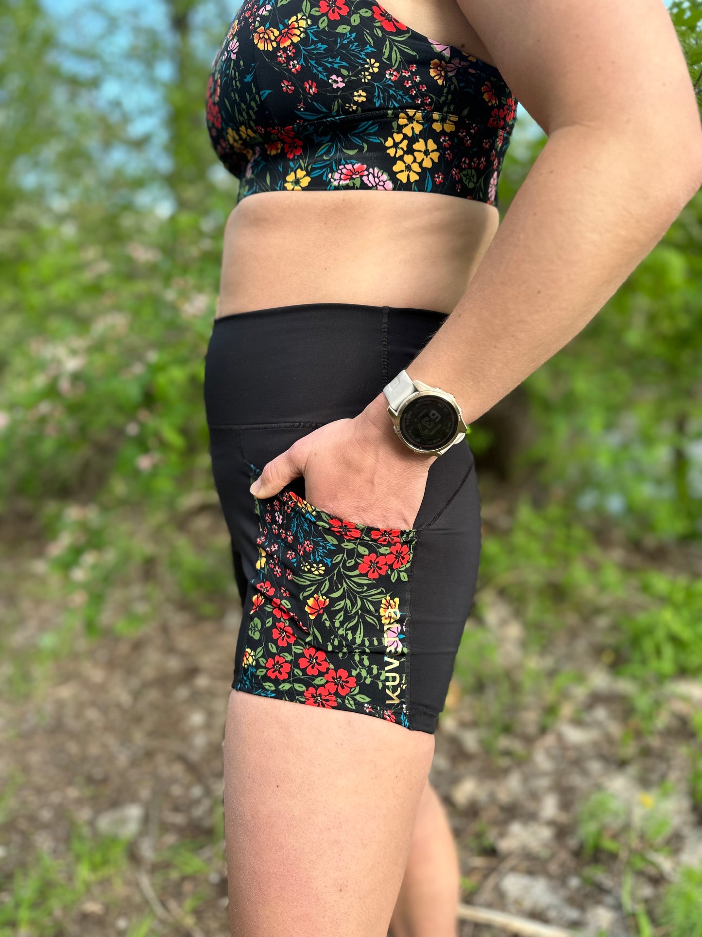 Stay Put Shorts - Black Floral Patterned Pockets