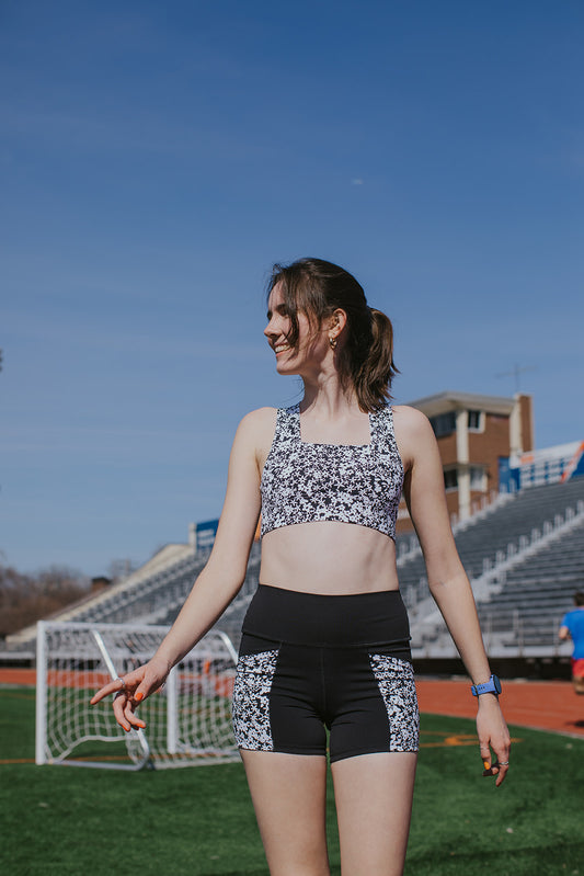 Square Neck Sports Bra - Black & Blossom